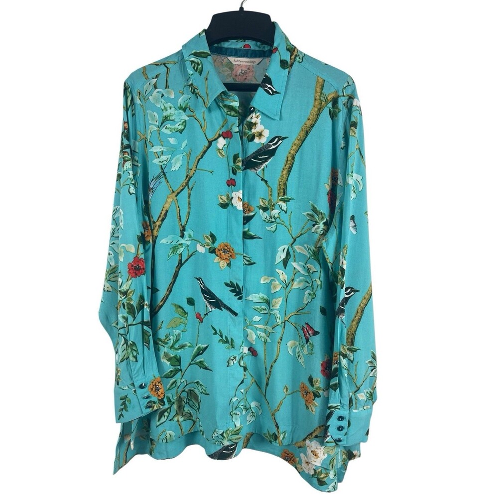 Soft Surroundings Tunic Top Womens PL Teal Bird Floral Boho Botanical Button Up